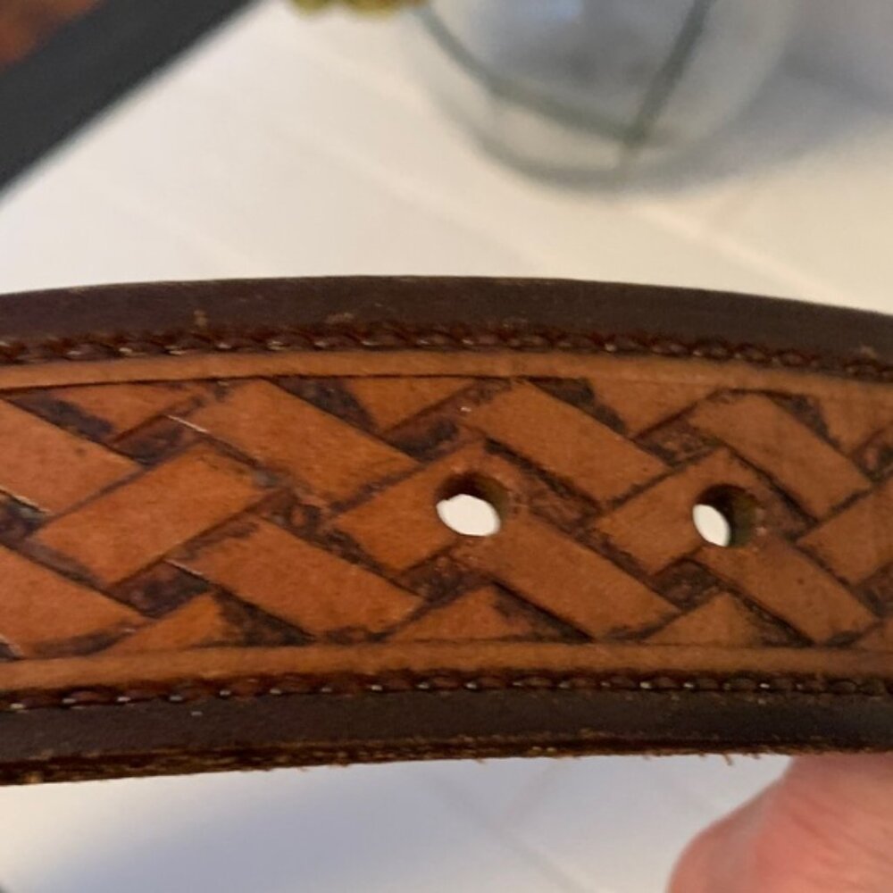 Woven Tan Leather Belt with Decorative Brass Buckle - Picture 7 of 9